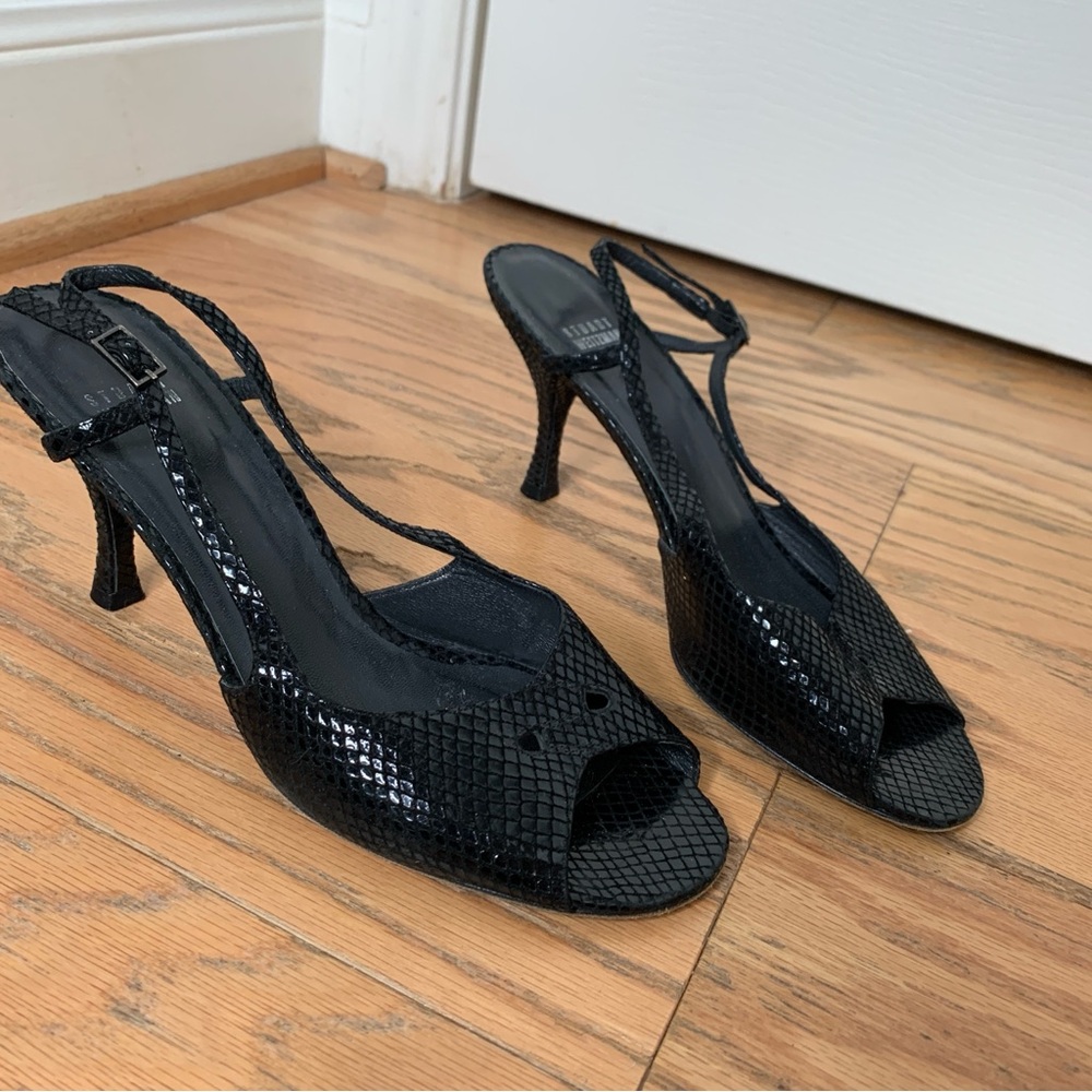 Stuart Weitzman Black Fabric Snakeskin Slingback Kitten Heels - Size 10